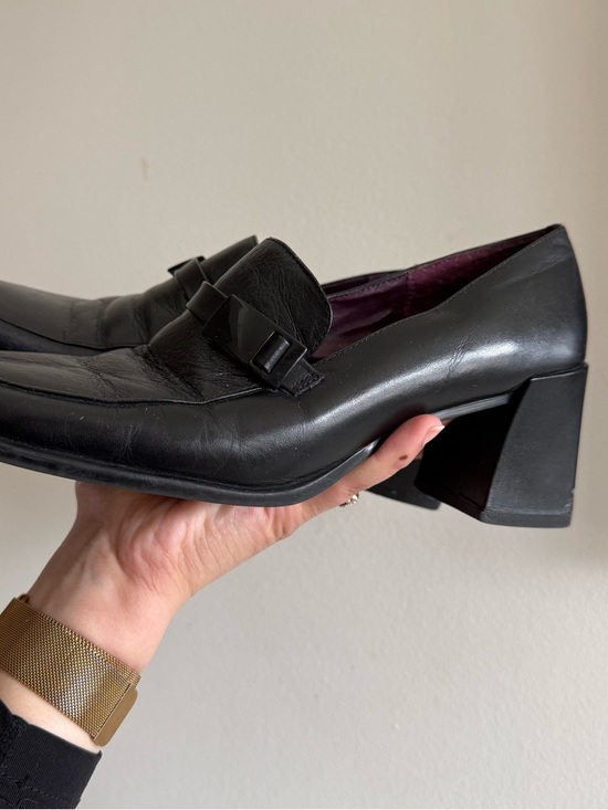 90s Vintage Black Leather Square Toe Heels Minimalist - Picture 2 of 7